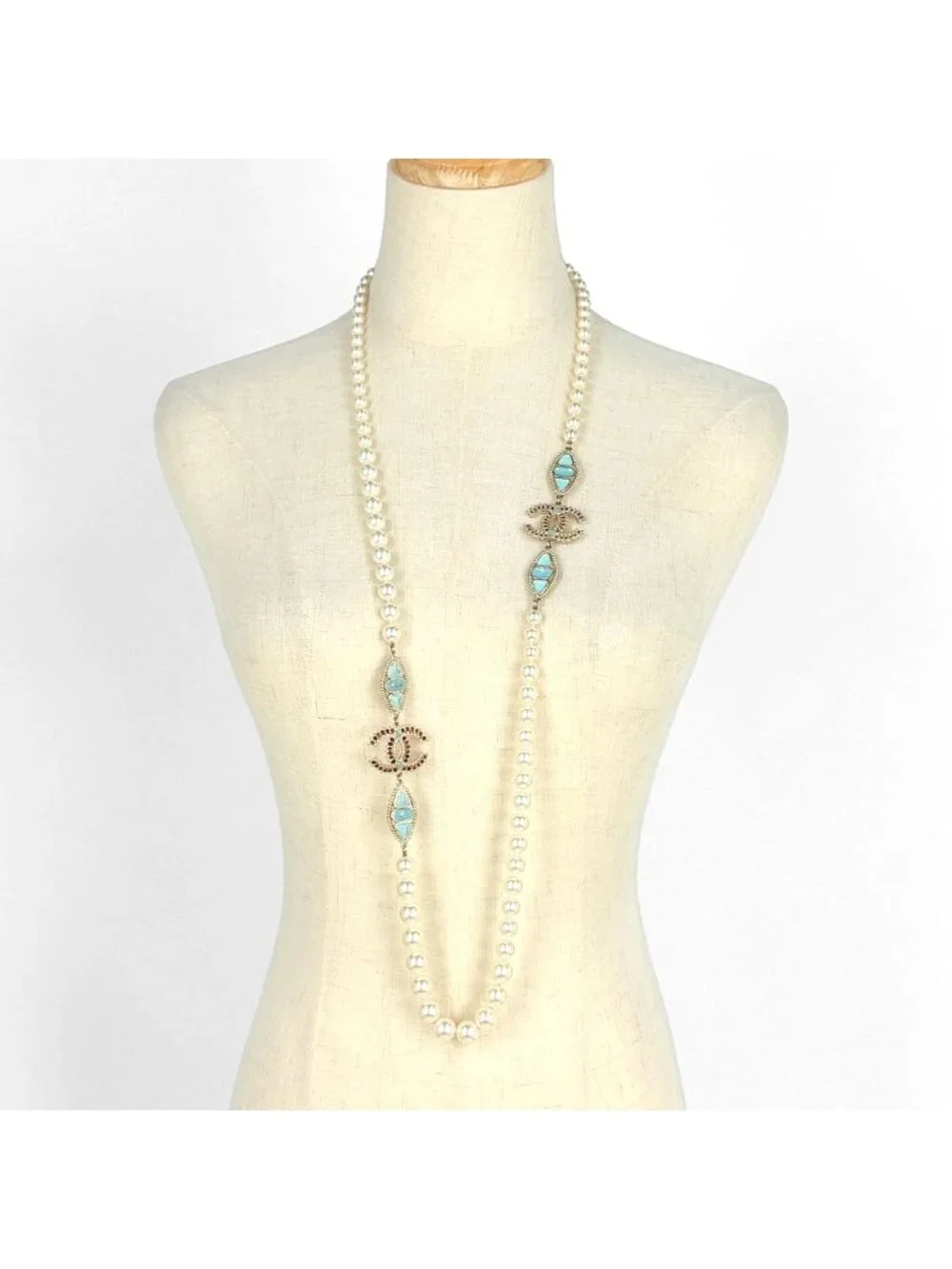 Chanel CC Logo Faux Pearl Necklace Long White Light Blue